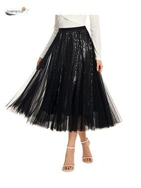 Sequin Tulle Long Skirt Layered Flowy Fairy Tea Length Big Hem Women